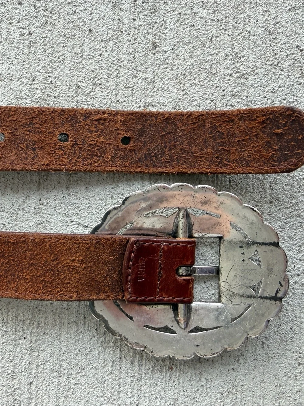 Fossil Brown Leather Belt Silver Western Concho Buckle Size M 37.5”